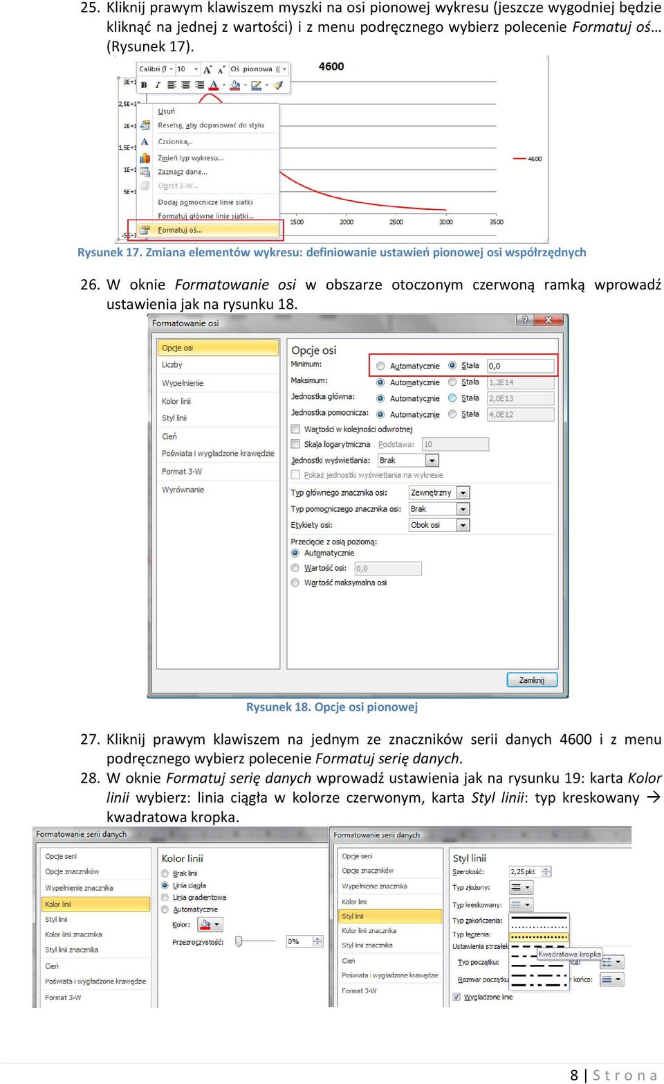 W oknie Formatowanie osi w obszarze otoczonym czerwoną ramką wprowadź ustawienia jak na rysunku 18. Rysunek 18. Opcje osi pionowej 27.