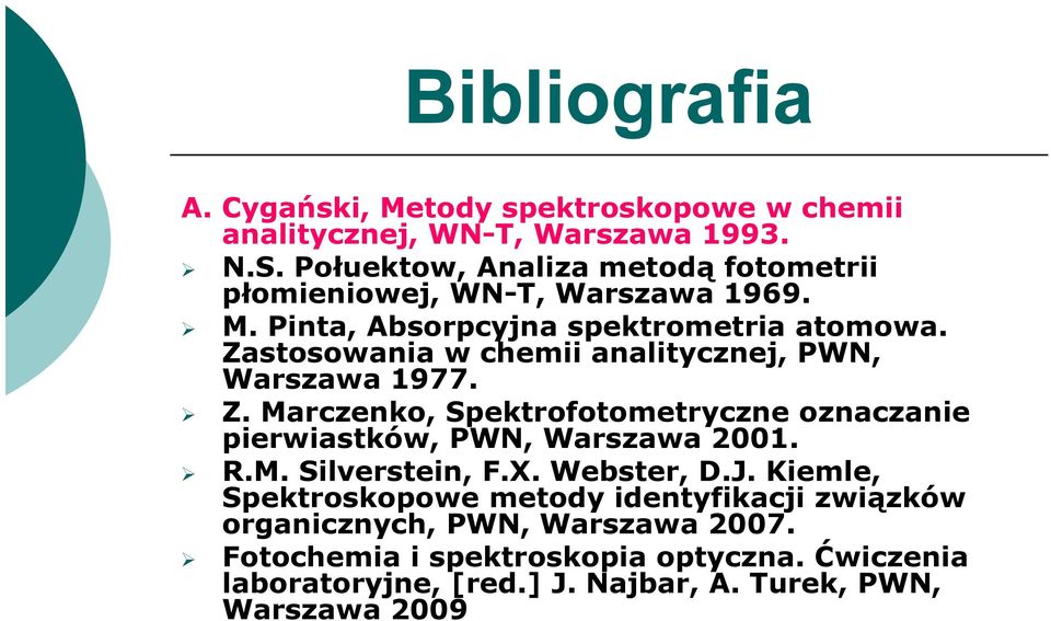 Zastosowania w chemii analitycznej, PWN, Warszawa 1977. Z. Marczenko, Spektrofotometryczne oznaczanie pierwiastków, PWN, Warszawa 2001. R.M. Silverstein, F.