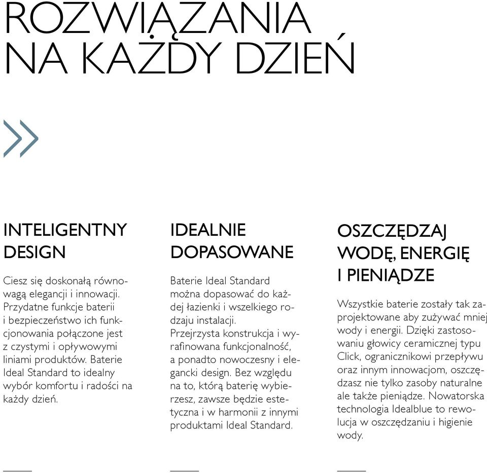 IDEALNIE DOPASOWANE Baterie Ideal Standard można dopasować do każdej łazienki i wszelkiego rodzaju instalacji.