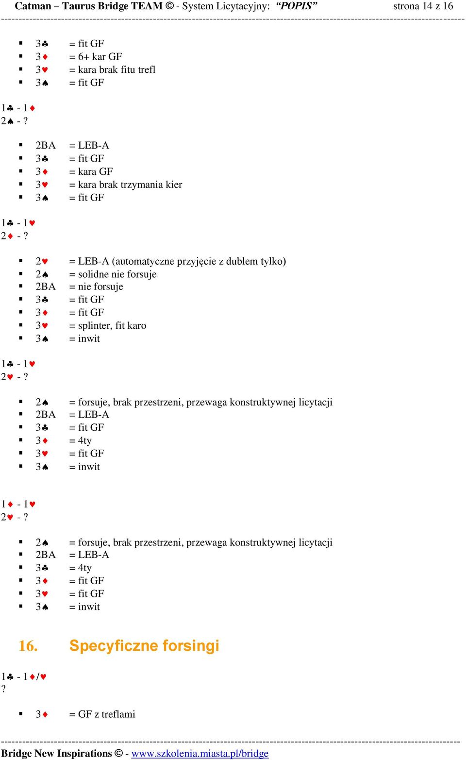 = LEB-A (automatyczne przyjęcie z dublem tylko) = solidne nie forsuje 2BA = nie forsuje = fit GF = fit GF = splinter, fit karo = inwit -?