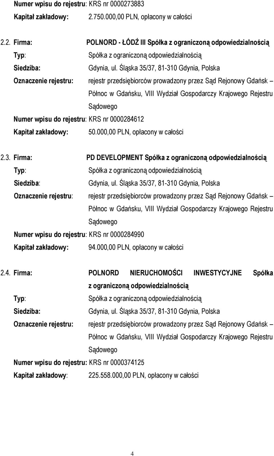 Śląska 35/37, 81-310 Gdynia, Polska Numer wpisu do rejestru: KRS nr 0000284990 Kapitał zakładowy: 94.000,00 PLN, opłacony w całości 2.4. Firma: POLNORD NIERUCHOMOŚCI INWESTYCYJNE Spółka z ograniczoną odpowiedzialnością Gdynia, ul.