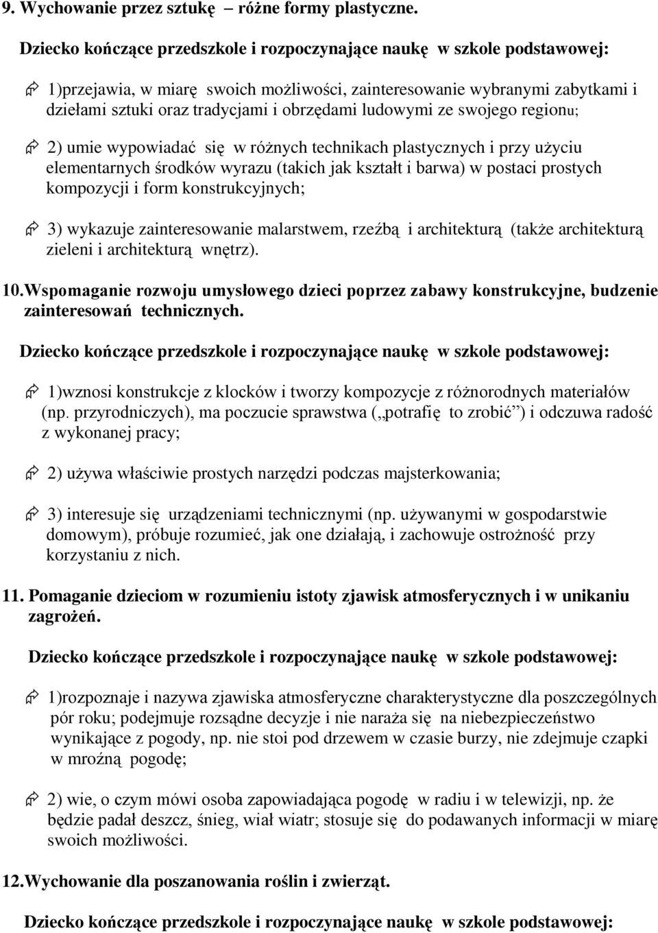 plastycznych i przy użyciu elementarnych środków wyrazu (takich jak kształt i barwa) w postaci prostych kompozycji i form konstrukcyjnych; 3) wykazuje zainteresowanie malarstwem, rzeźbą i