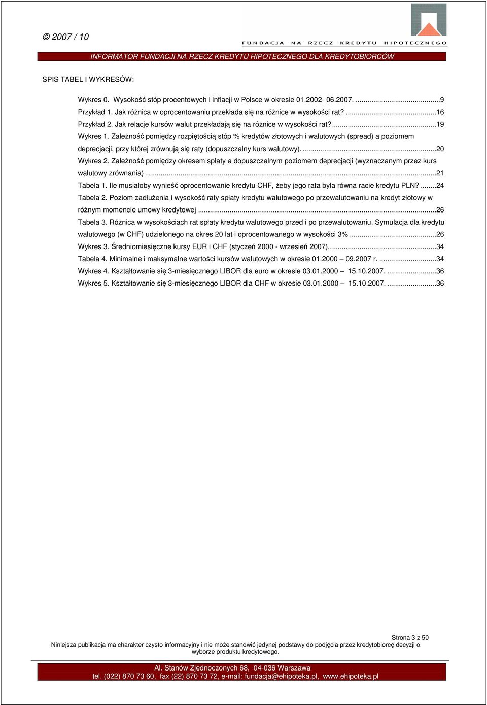 Zależność pomiędzy rozpiętością stóp % kredytów złotowych i walutowych (spread) a poziomem deprecjacji, przy której zrównują się raty (dopuszczalny kurs walutowy)...20 Wykres 2.