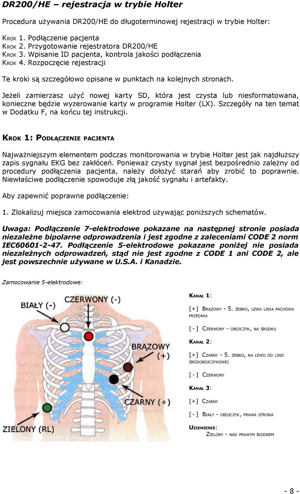 Jeżeli zamierzasz użyć nowej karty SD, która jest czysta lub niesformatowana, konieczne będzie wyzerowanie karty w programie Holter (LX). Szczegóły na ten temat w Dodatku F, na końcu tej instrukcji.