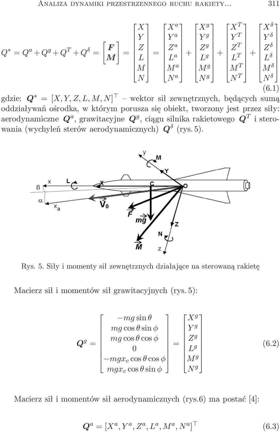 1) gdzie: Q =[X,Y,Z,L,M,N] wektorsiłzewnętrznych,będącychsumą oddziaływań ośrodka, w którym porusza się obiekt, tworzony jest przez siły: aerodynamiczneq a,grawitacyjneq g,ciągusilnikarakietowegoq
