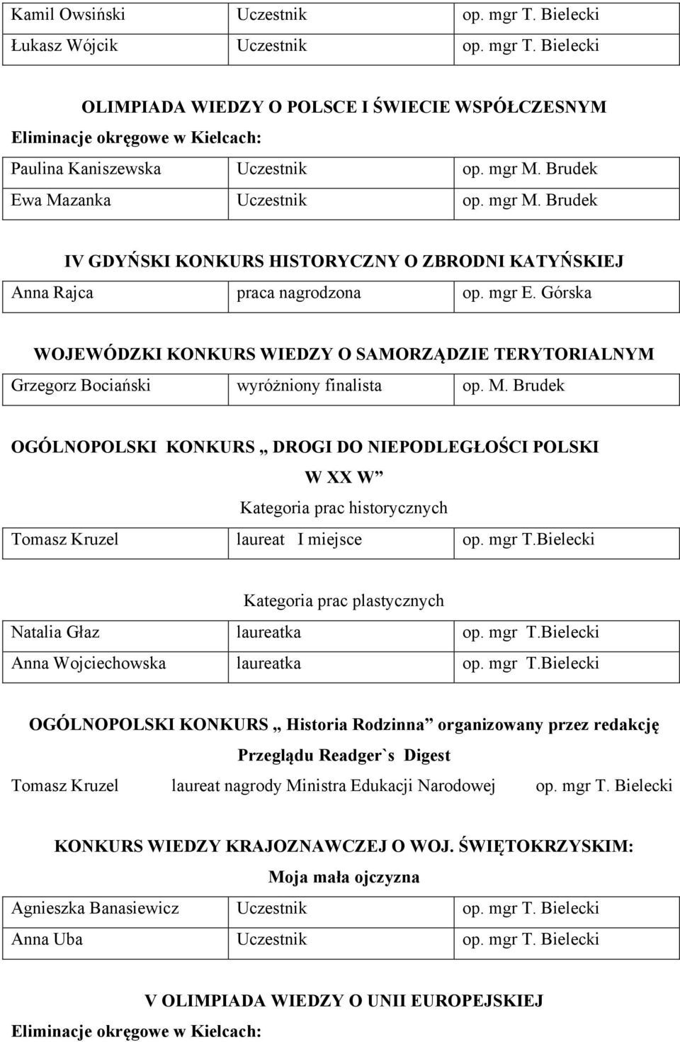 Górska WOJEWÓDZKI KONKURS WIEDZY O SAMORZĄDZIE TERYTORIALNYM Grzegorz Bociański wyróżniony finalista op. M.