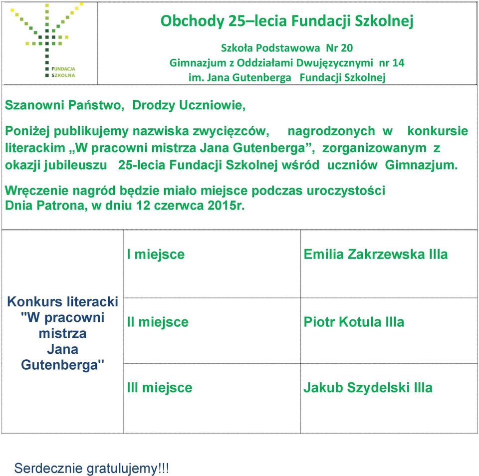 Fundacji Szkolnej wśród uczniów.