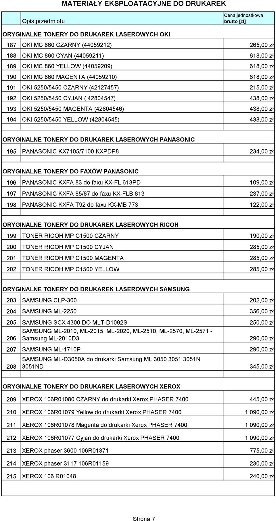 438,00 zł ORYGINALNE TONERY DO DRUKAREK LASEROWYCH PANASONIC 195 PANASONIC KX7105/7100 KXPDP8 234,00 zł ORYGINALNE TONERY DO FAXÓW PANASONIC 196 PANASONIC KXFA 83 do faxu KX-FL 613PD 109,00 zł 197