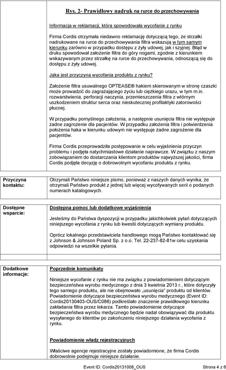 Błąd w druku spowodował założenie filtra do góry nogami, zgodnie z kierunkiem wskazywanym przez strzałkę na rurce do przechowywania, odnoszącą się do dostępu z żyły udowej.