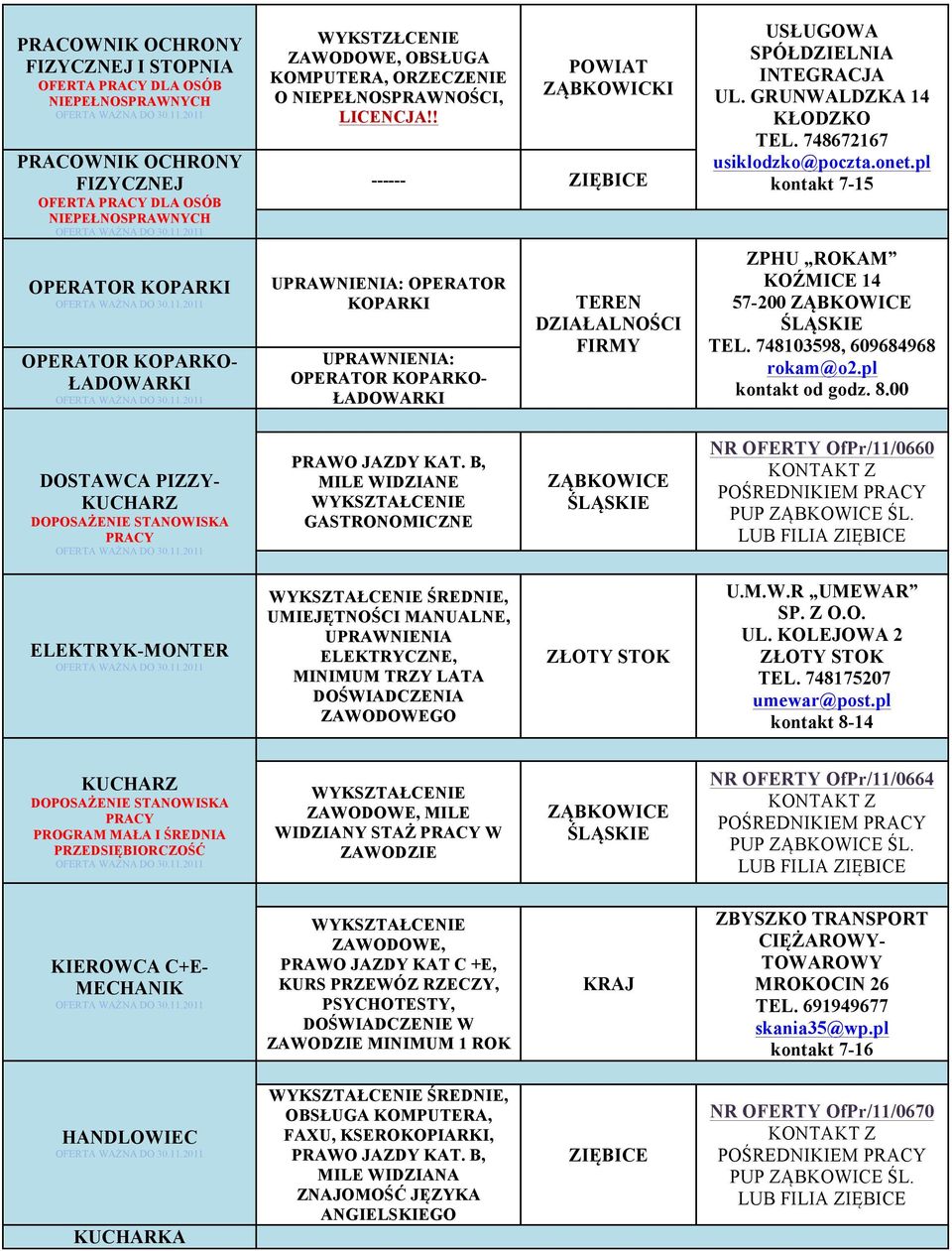 748672167 usiklodzko@poczta.onet.pl kontakt 7-15 ZPHU ROKAM KOŹMICE 14 57-200 TEL. 748103598, 609684968 rokam@o2.pl kontakt od godz. 8.00 DOSTAWCA PIZZY- KUCHARZ PRAWO JAZDY KAT.
