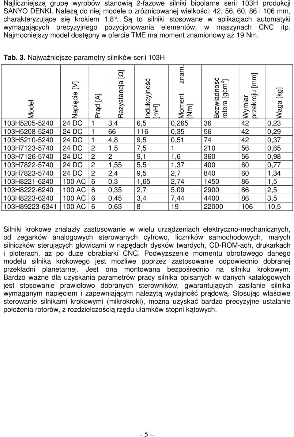 Są to silniki stosowane w aplikacjach automatyki wymagających precyzyjnego pozycjonowania elementów, w maszynach CNC itp. Najmocniejszy model dostępny w ofercie TME ma moment znamionowy aŝ 19 Nm. Tab.