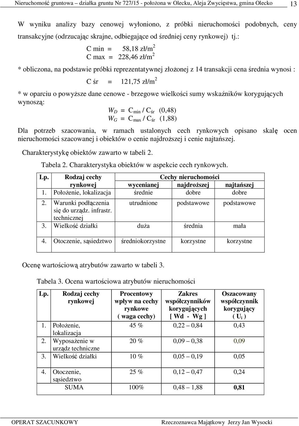 brzegowe wielkości sumy wskaźników korygujących wynoszą: W D = C min / C śr (0,48) W G = C max / C śr (1,88) Dla potrzeb szacowania, w ramach ustalonych cech rynkowych opisano skalę ocen