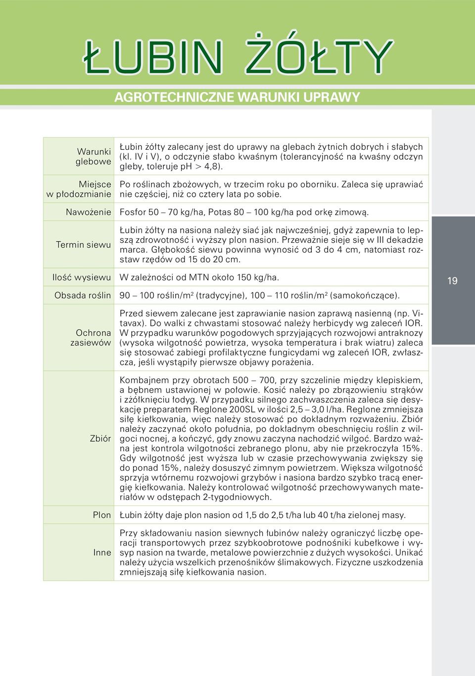 Zaleca się uprawiać nie częściej, niż co cztery lata po sobie. Fosfor 50 70 kg/ha, Potas 80 100 kg/ha pod orkę zimową.