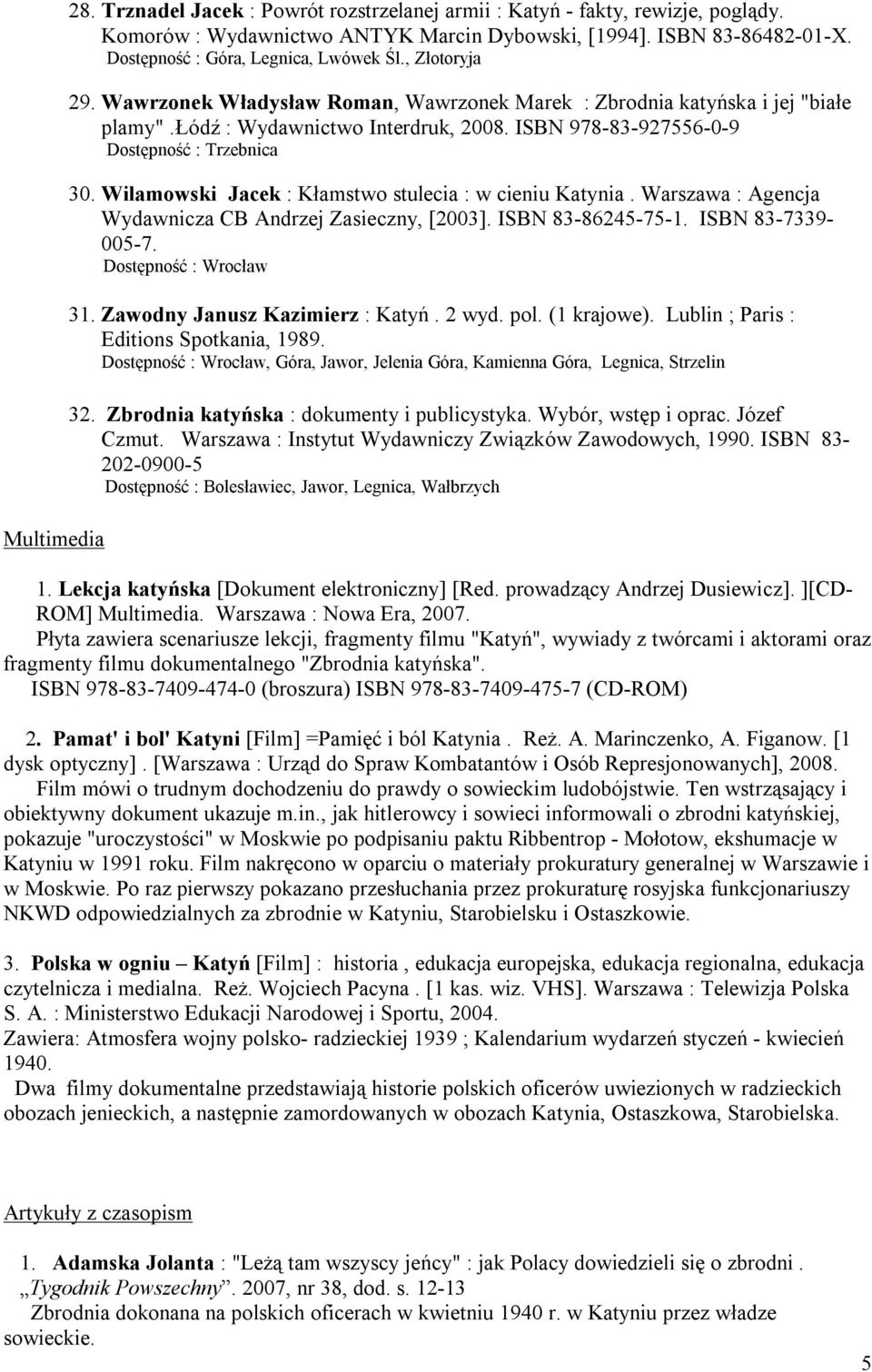 ISBN 978-83-927556-0-9 Dostępność : Trzebnica 30. Wilamowski Jacek : Kłamstwo stulecia : w cieniu Katynia. Warszawa : Agencja Wydawnicza CB Andrzej Zasieczny, [2003]. ISBN 83-86245-75-1.