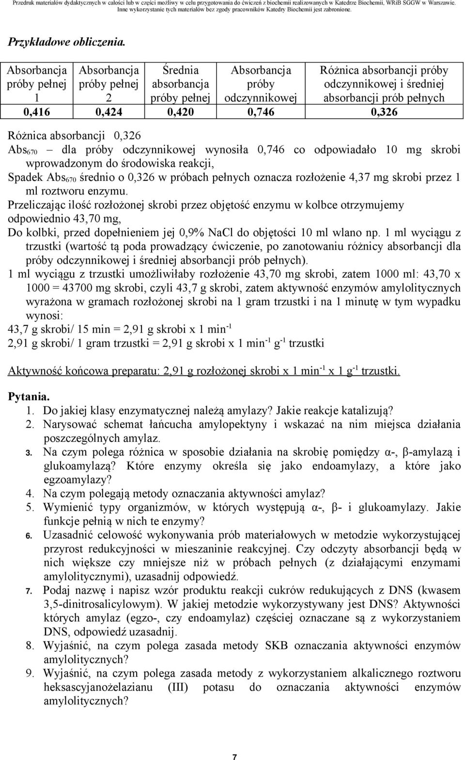 odczynnikowej wynosiła 0,746 co odpowiadało 10 mg skrobi wprowadzonym do środowiska reakcji, Spadek Abs 670 średnio o 0,326 w próbach pełnych oznacza rozłożenie 4,37 mg skrobi przez 1 ml roztworu