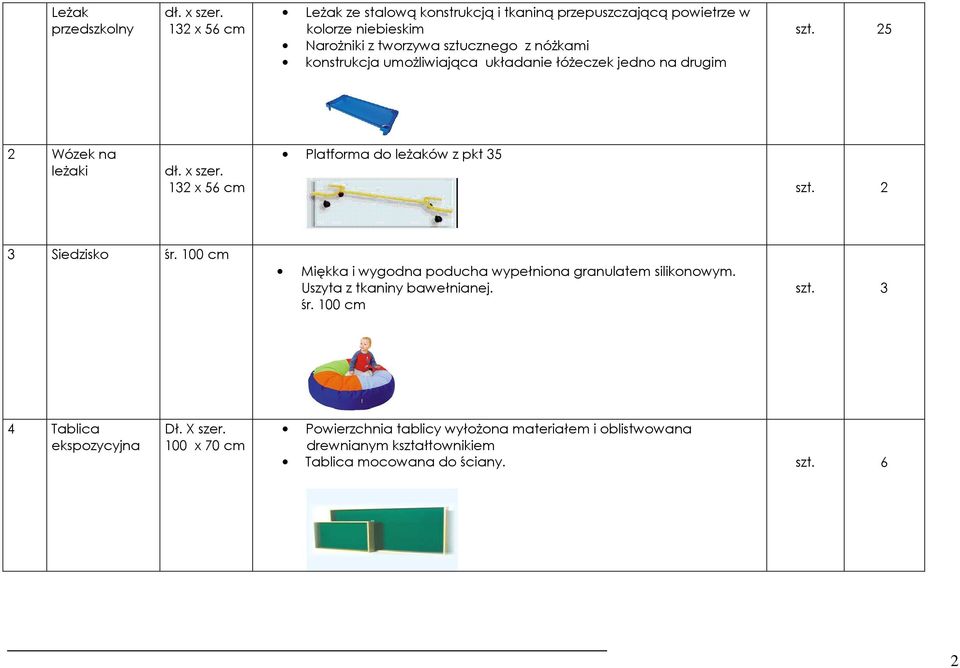 umoŝliwiająca układanie łóŝeczek jedno na drugim szt. 25 2 Wózek na leŝaki dł. x szer. 132 x 56 cm Platforma do leŝaków z pkt 35 szt. 2 3 Siedzisko śr.