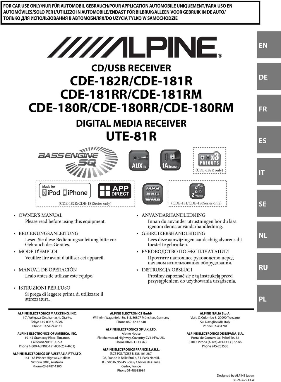 only) IT (CDE-182R/CDE-181Series only) OWNER S MANUAL Please read before using this equipment. BEDIENUNGSANLEITUNG Lesen Sie diese Bedienungsanleitung bitte vor Gebrauch des Gerätes.