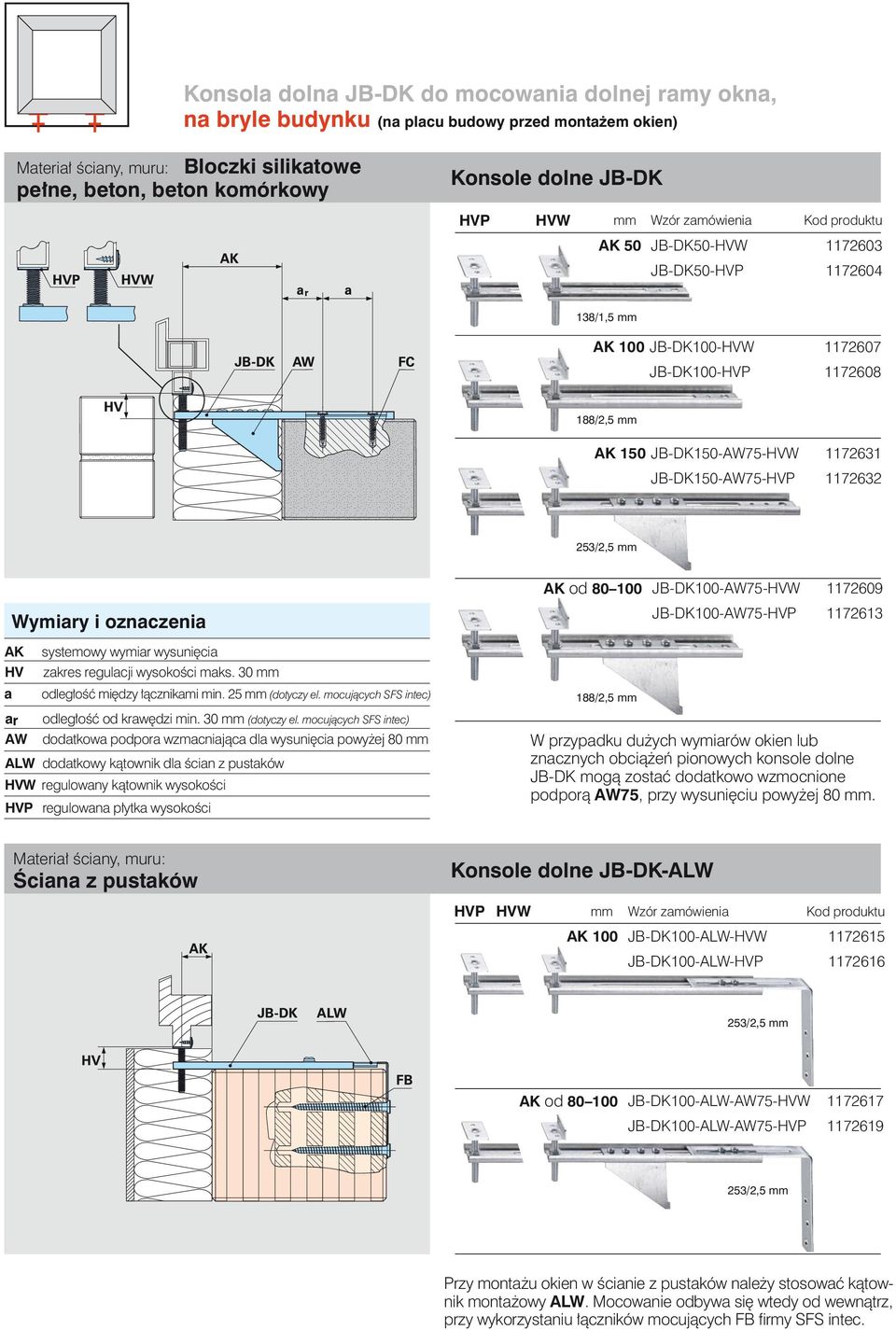 AK od 80 100 JB-DK100-AW75-HVW 1172609 Wymiary i oznaczenia JB-DK100-AW75-HVP 1172613 AK HV a systemowy wymiar wysunięcia zakres regulacji wysokości maks. 30 mm odległość między łącznikami min.