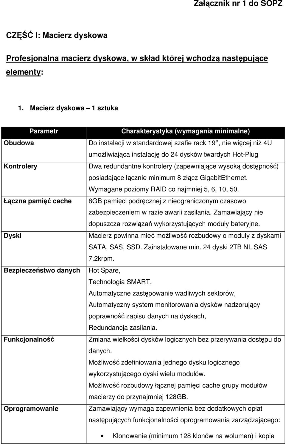 szafie rack 19, nie więcej niż 4U umożliwiająca instalację do 24 dysków twardych Hot-Plug Dwa redundantne kontrolery (zapewniające wysoką dostępność) posiadające łącznie minimum 8 złącz