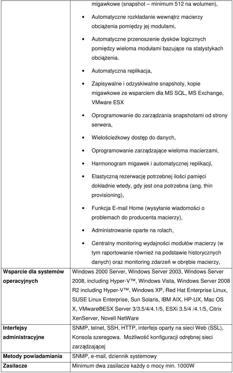 Automatyczna replikacja, Zapisywalne i odzyskiwalne snapshoty, kopie migawkowe ze wsparciem dla MS SQL, MS Exchange, VMware ESX Oprogramowanie do zarządzania snapshotami od strony serwera,