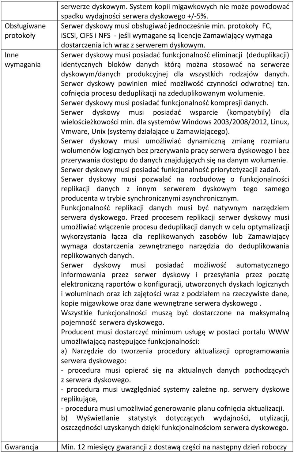 Serwer dyskowy musi posiadać funkcjonalność eliminacji (deduplikacji) identycznych bloków danych którą można stosować na serwerze dyskowym/danych produkcyjnej dla wszystkich rodzajów danych.