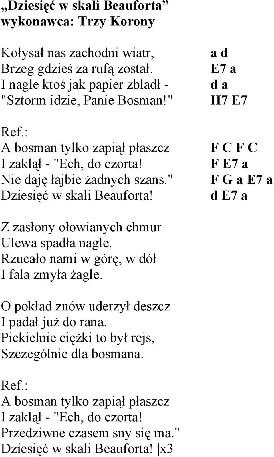 " Dziesięć w skali Beauforta! a d E7 a d a H7 E7 F C F C F E7 a F G a E7 a d E7 a Z zasłony ołowianych chmur Ulewa spadła nagle.