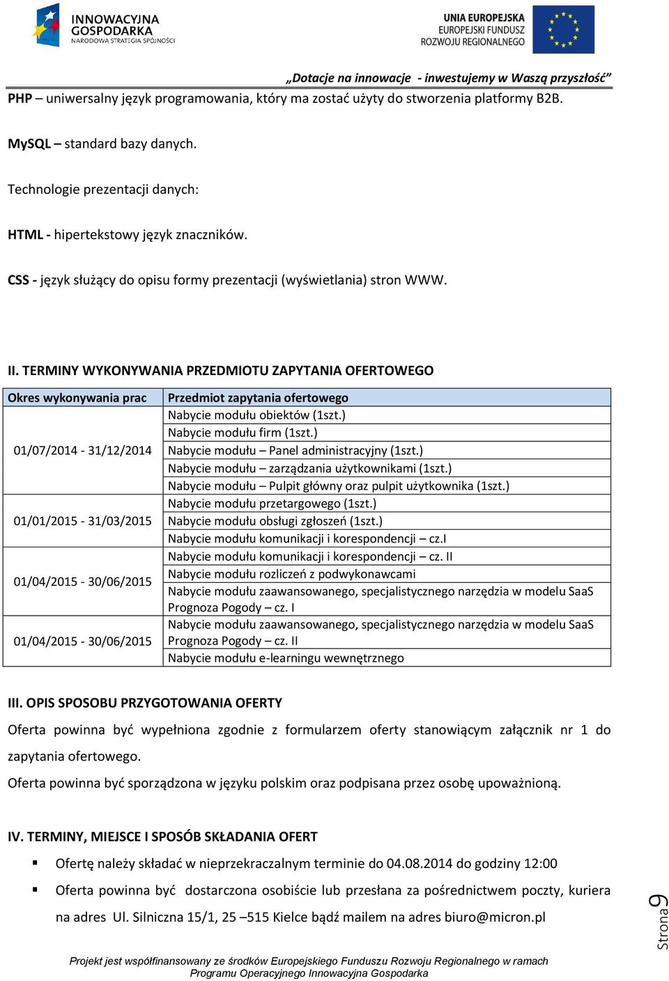 TERMINY WYKONYWANIA PRZEDMIOTU ZAPYTANIA OFERTOWEGO Okres wykonywania prac 01/07/2014-31/12/2014 01/01/2015-31/03/2015 01/04/2015-30/06/2015 01/04/2015-30/06/2015 Przedmiot zapytania ofertowego