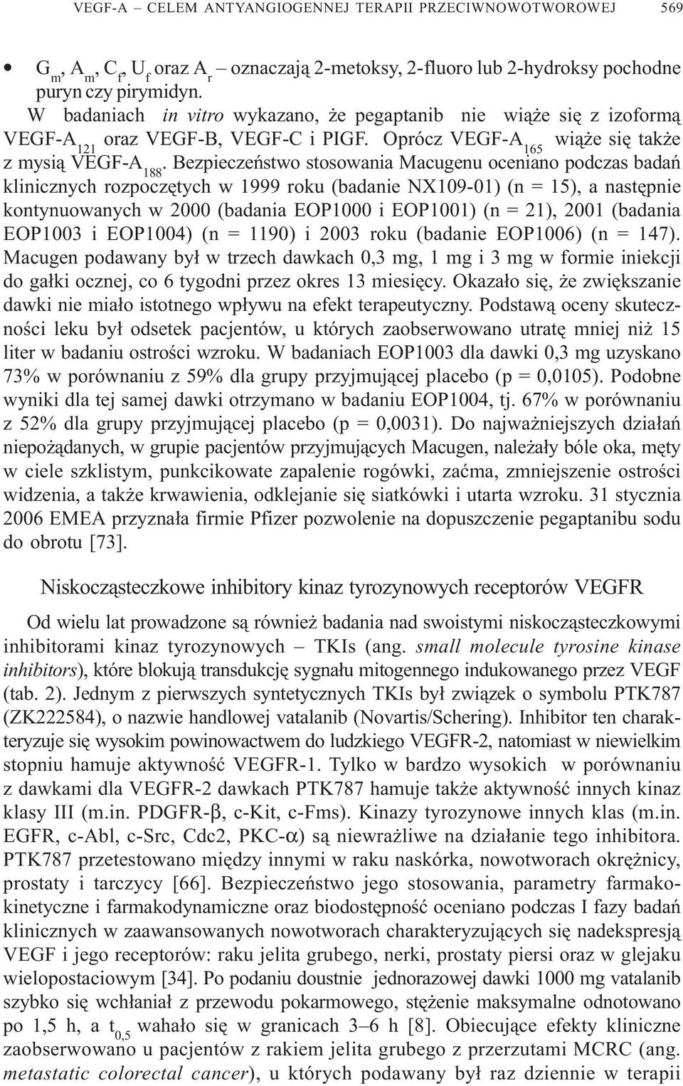 Bezpieczeñstwo stosowania Macugenu oceniano podczas badañ klinicznych rozpoczêtych w 1999 roku (badanie NX109-01) (n = 15), a nastêpnie kontynuowanych w 2000 (badania EOP1000 i EOP1001) (n = 21),