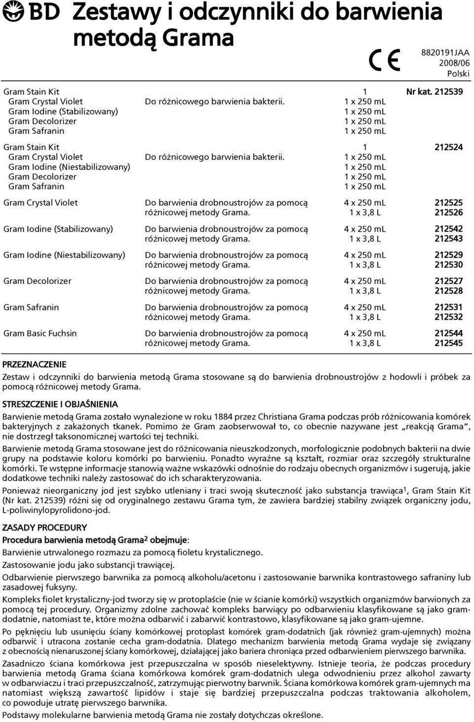 Gram Iodine (Niestabilizowany) Gram Crystal Violet Do barwienia drobnoustrojów za pomoc¹ 4 x 250 ml 212525 ró nicowej metody Grama.