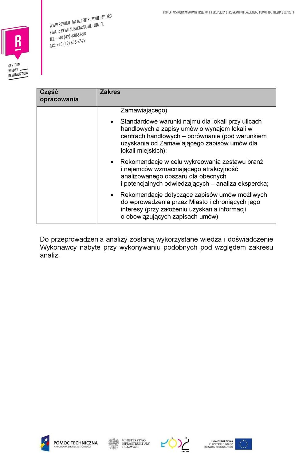 obecnych i potencjalnych odwiedzających analiza ekspercka; Rekomendacje dotyczące zapisów umów możliwych do wprowadzenia przez Miasto i chroniących jego interesy (przy założeniu