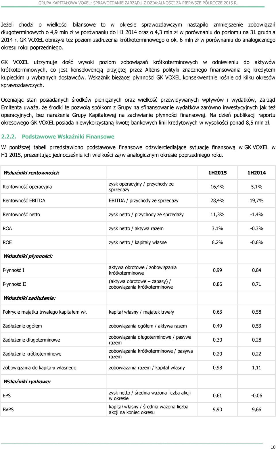 GK VOXEL utrzymuje dość wysoki poziom zobowiązań krótkoterminowych w odniesieniu do aktywów krótkoterminowych, co jest konsekwencją przyjętej przez Alteris polityki znacznego finansowania się