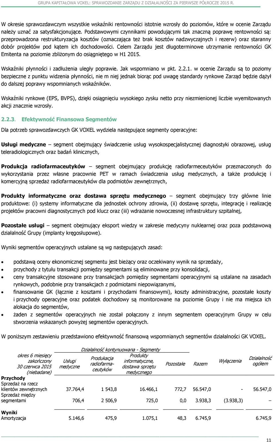 pod kątem ich dochodowości. Celem Zarządu jest długoterminowe utrzymanie rentowności GK Emitenta na poziomie zbliżonym do osiągniętego w H1 2015. Wskaźniki płynności i zadłużenia uległy poprawie.