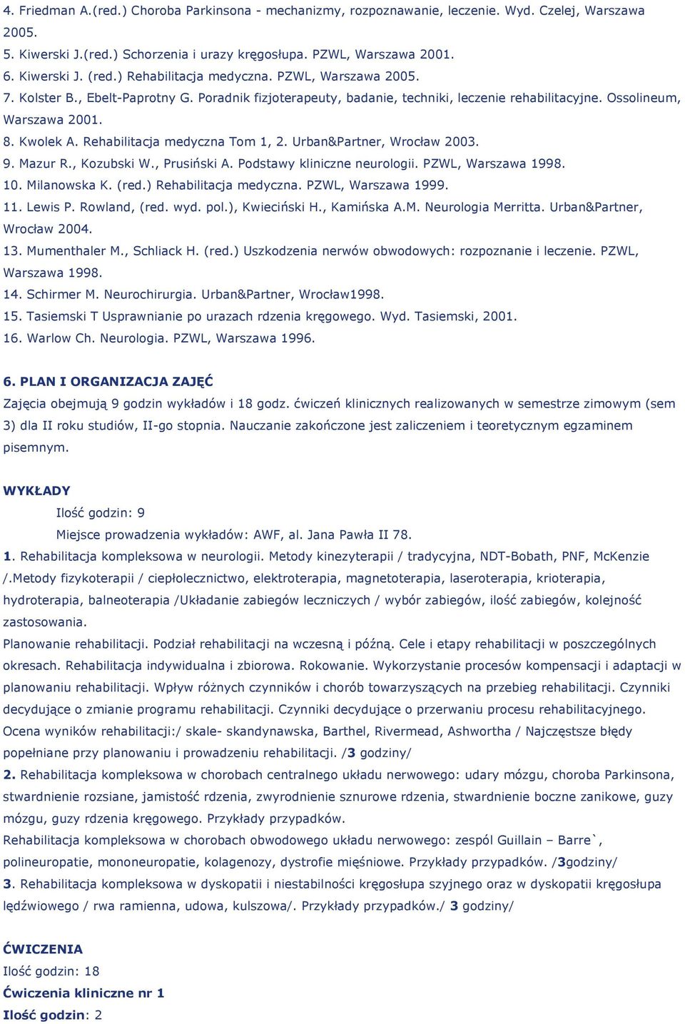 Rehabilitacja medyczna Tom 1, 2. Urban&Partner, Wrocław 2003. 9. Mazur R., Kozubski W., Prusiński A. Podstawy kliniczne neurologii. PZWL, Warszawa 1998. 10. Milanowska K. (red.