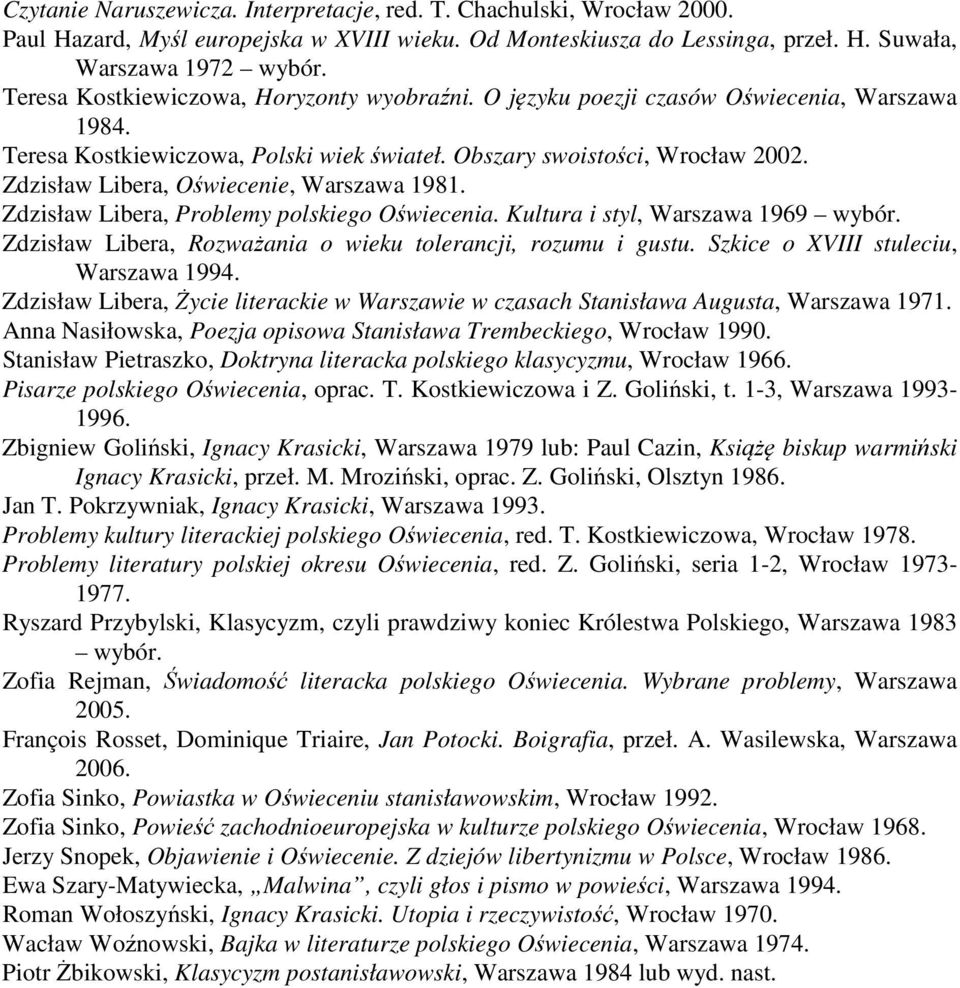 Zdzisław Libera, Oświecenie, Warszawa 1981. Zdzisław Libera, Problemy polskiego Oświecenia. Kultura i styl, Warszawa 1969 wybór. Zdzisław Libera, Rozważania o wieku tolerancji, rozumu i gustu.