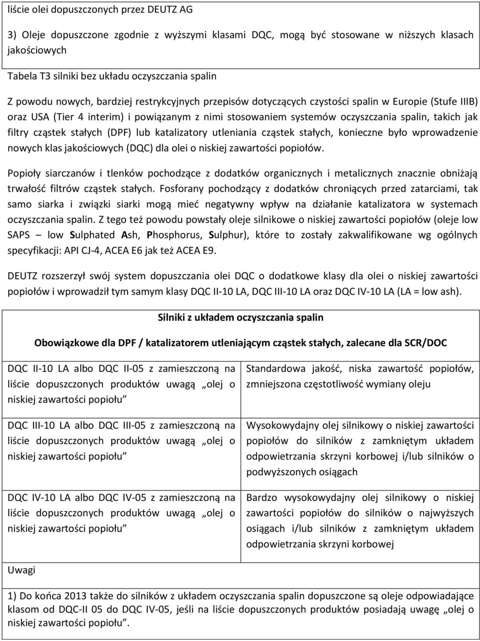 filtry cząstek stałych (DPF) lub katalizatory utleniania cząstek stałych, konieczne było wprowadzenie nowych klas jakościowych (DQC) dla olei o nisj zawartości popiołów.