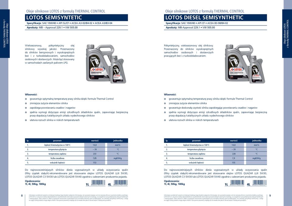 LOTOS DIESEL SEMISYNTHETIC Specyfikacje: SAE 10W/40 API CF ACEA B3-98/B4-02 Aprobaty: MB-Approval 229.1 VW 505.00 Półsyntetyczny, wielosezonowy olej silnikowy.