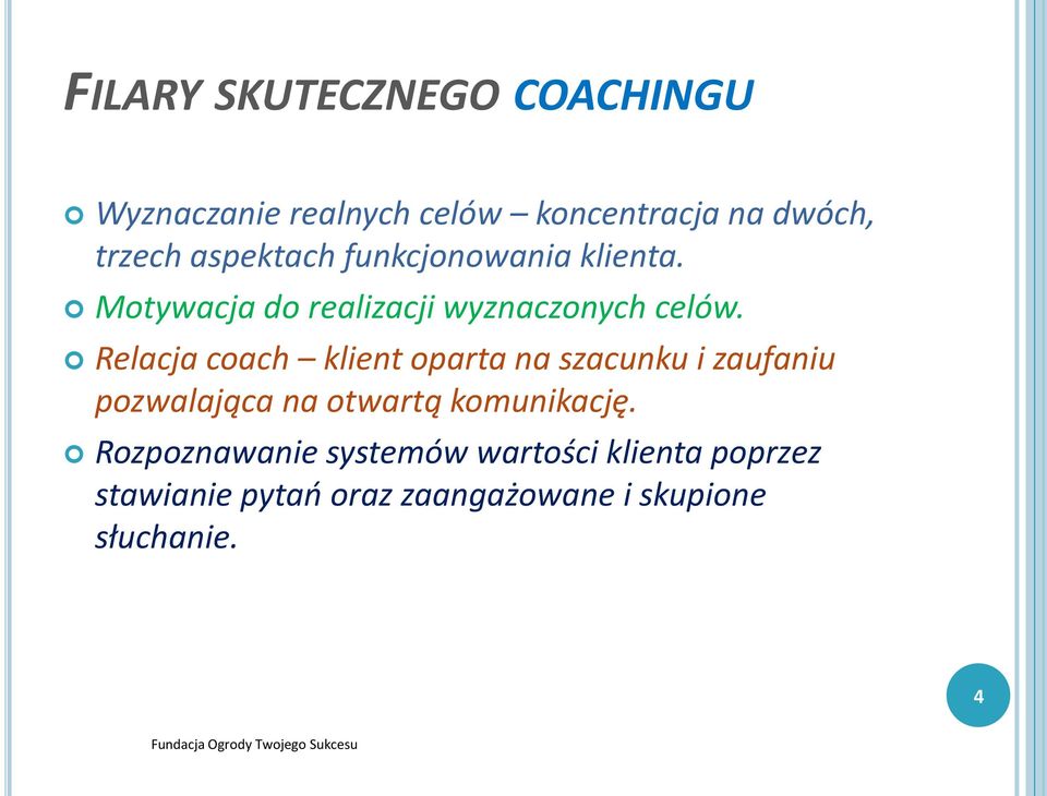 Relacja coach klient oparta na szacunku i zaufaniu pozwalająca na otwartą komunikację.