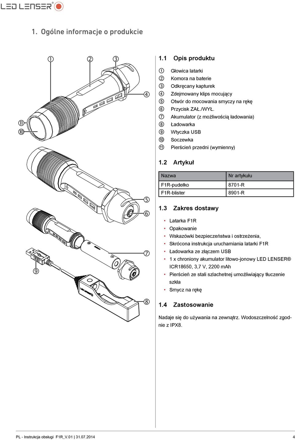Akumulator (z możliwością ładowania) Ładowarka Wtyczka USB Soczewka Pierścień przedni (wymienny) 9 5 6 7 8 1.2 Artykuł Nazwa Nr artykułu F1R-pudełko 8701-R F1R-blister 8901-R 1.