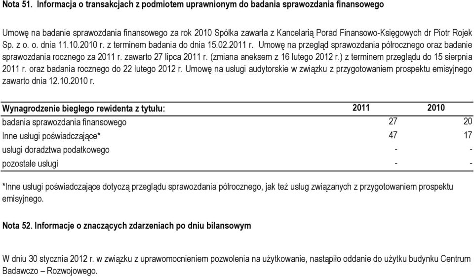 Piotr Rojek Sp. z o. o. dnia 11.10.2010 r. z terminem badania do dnia 15.02.2011 r. Umowę na przegląd sprawozdania półrocznego oraz badanie sprawozdania rocznego za 2011 r. zawarto 27 lipca 2011 r.