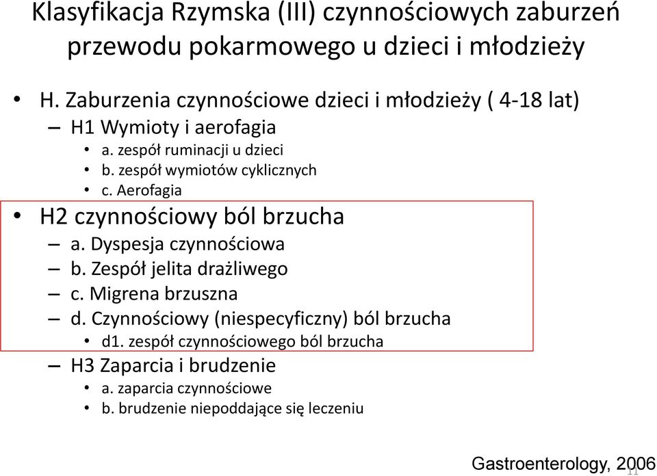 zespół wymiotów cyklicznych c. Aerofagia H2 czynnościowy ból brzucha a. Dyspesja czynnościowa b. Zespół jelita drażliwego c.