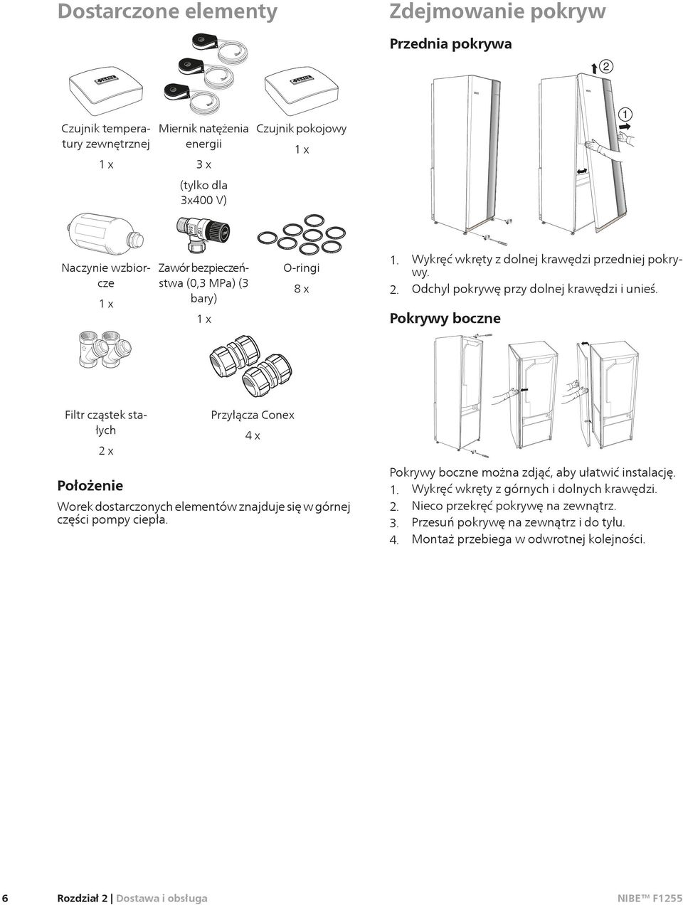 Pokrywy boczne Filtr cząstek stałych 2x Położenie Przyłącza Conex 4x Worek dostarczonych elementów znajduje się w górnej części pompy ciepła.