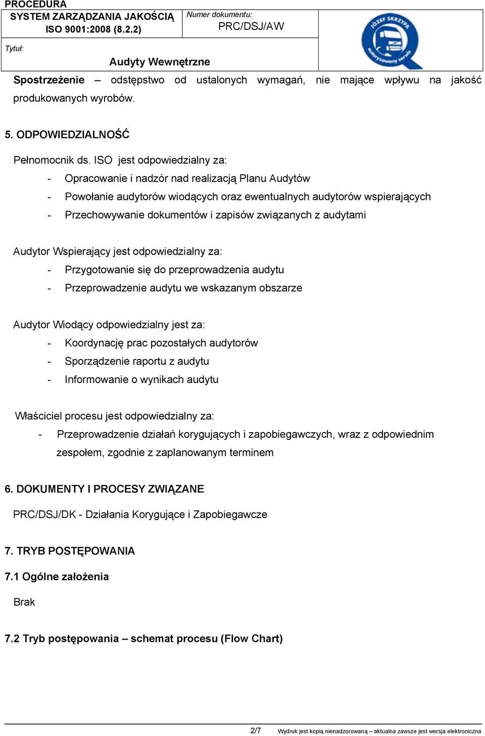 związanych z audytami Audytor Wspierający jest odpowiedzialny za: - Przygotowanie się do przeprowadzenia audytu - Przeprowadzenie audytu we wskazanym obszarze Audytor Wiodący odpowiedzialny jest za: