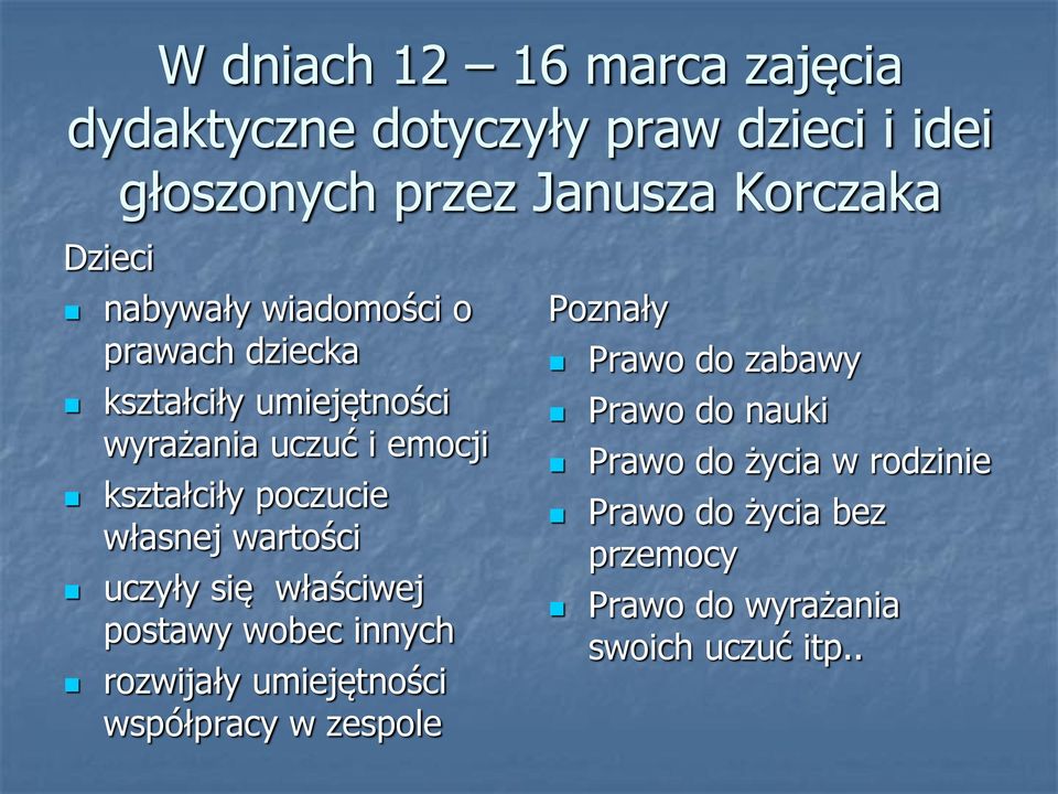 własnej wartości uczyły się właściwej postawy wobec innych rozwijały umiejętności współpracy w zespole Poznały