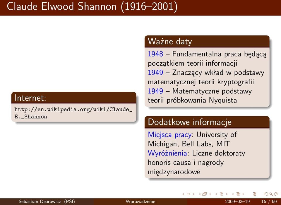 matematycznej teorii kryptografii 1949 Matematyczne podstawy teorii próbkowania Nyquista Dodatkowe informacje Miejsca