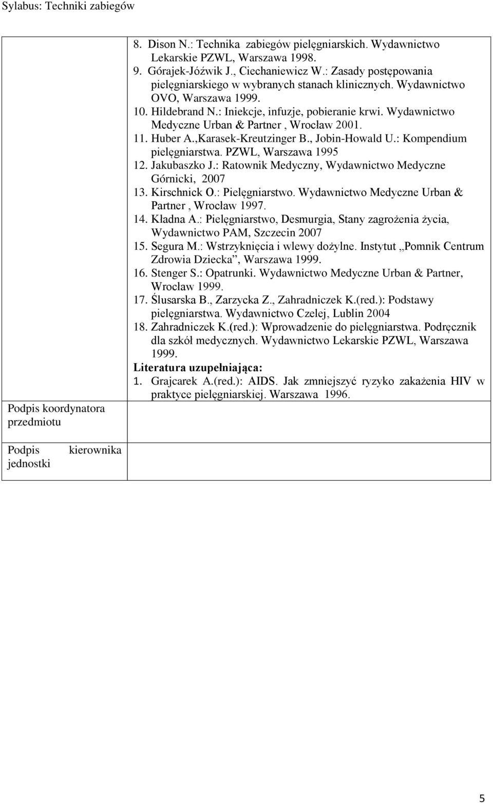 Wydawnictwo Medyczne Urban & Partner, Wrocław 2001. 11. Huber A.,Karasek-Kreutzinger B., Jobin-Howald U.: Kompendium pielęgniarstwa. PZWL, Warszawa 1995 12. Jakubaszko J.