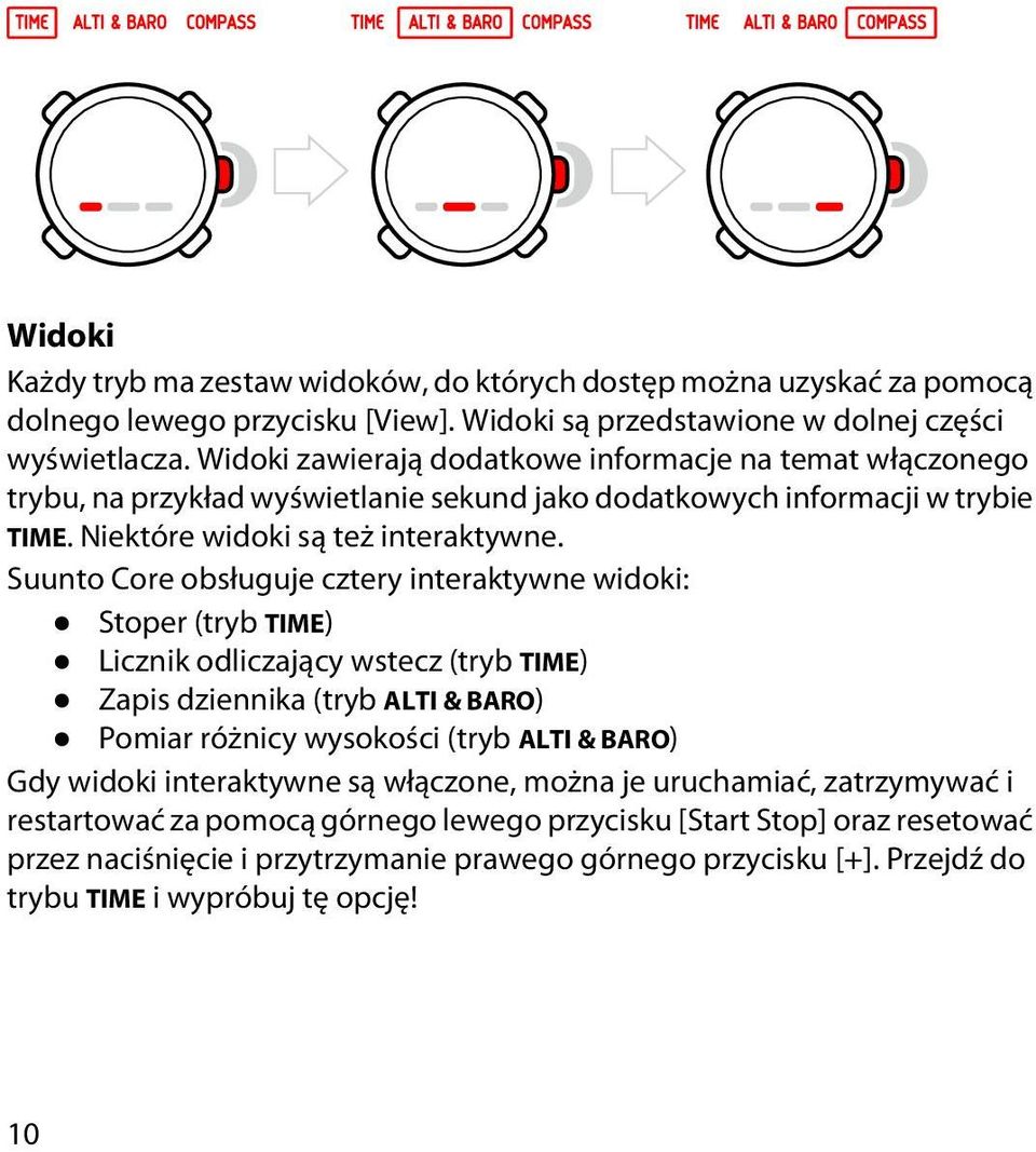 Suunto Core obsługuje cztery interaktywne widoki: Stoper (tryb TIME) Licznik odliczający wstecz (tryb TIME) Zapis dziennika (tryb ALTI & BARO) Pomiar różnicy wysokości (tryb ALTI & BARO) Gdy