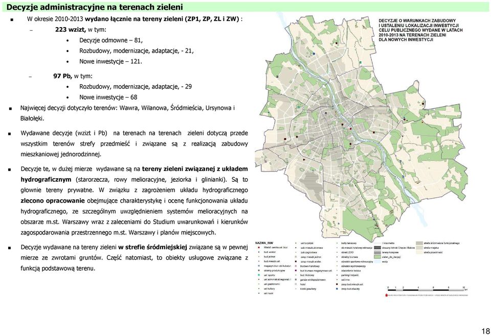 Wydawane decyzje (wzizt i Pb) na terenach na terenach zieleni dotyczą przede wszystkim terenów strefy przedmieść i związane są z realizacją zabudowy mieszkaniowej jednorodzinnej.