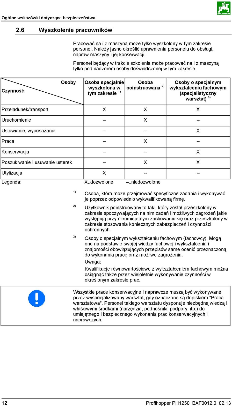 Personel będący w trakcie szkolenia może pracować na i z maszyną tylko pod nadzorem osoby doświadczonej w tym zakresie.