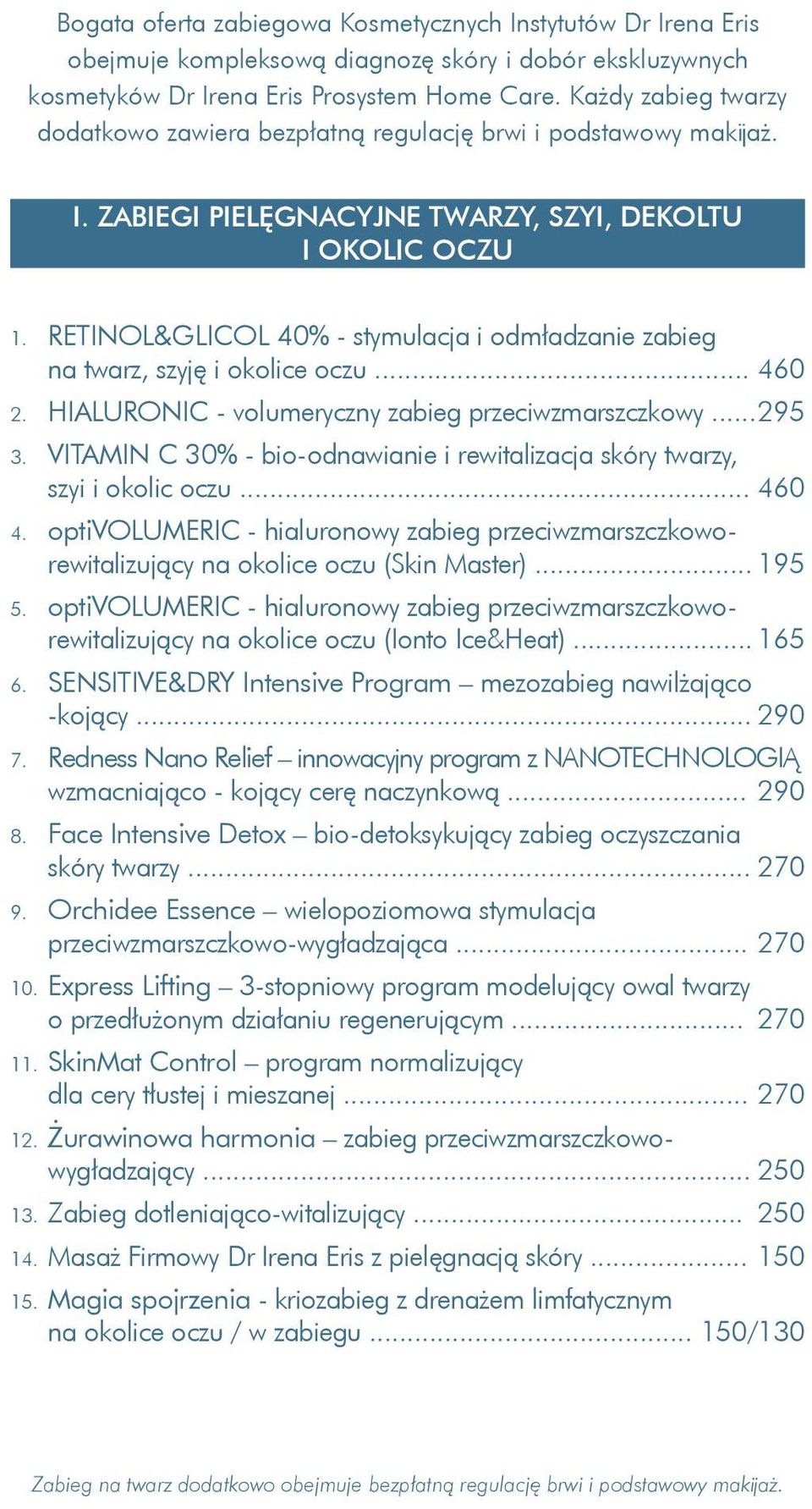 RETINOL&GLICOL 40% - stymulacja i odmładzanie zabieg na twarz, szyję i okolice oczu... 460 2. HIALURONIC - volumeryczny zabieg przeciwzmarszczkowy... 295 3.