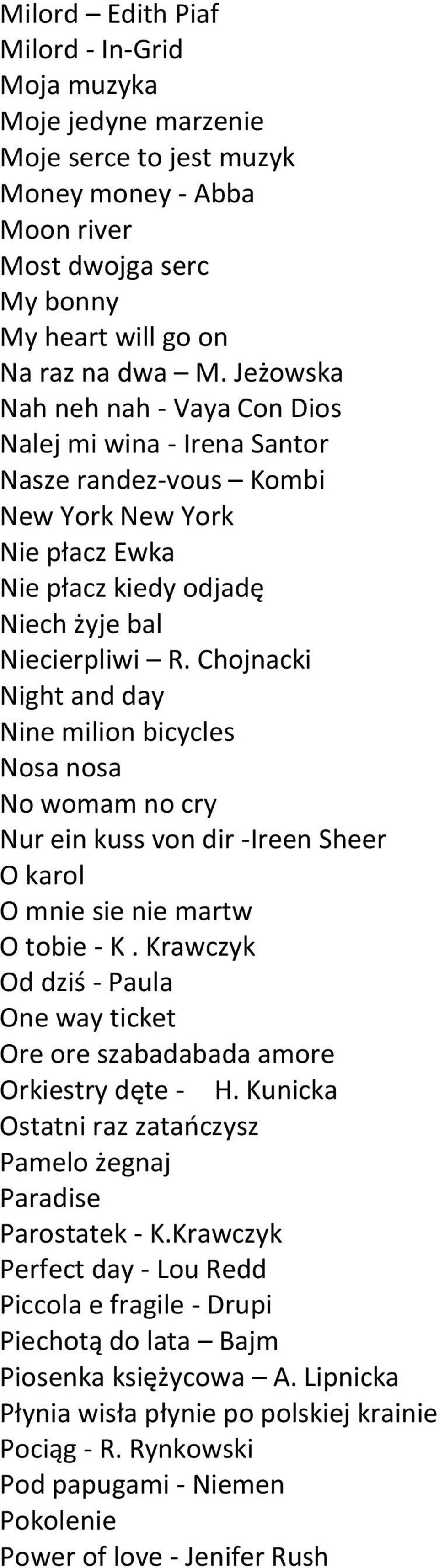 Chojnacki Night and day Nine milion bicycles Nosa nosa No womam no cry Nur ein kuss von dir -Ireen Sheer O karol O mnie sie nie martw O tobie - K.